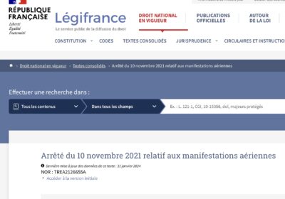 Arrêté du 10 novembre 2021 relatif aux manifestations aériennes (modifié par arrêté du 15 mai 2023)