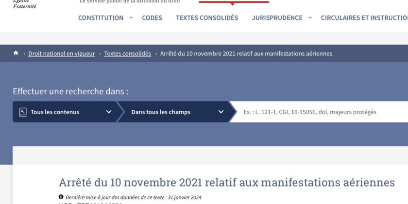 Arrêté du 10 novembre 2021 relatif aux manifestations aériennes (modifié par arrêté du 15 mai 2023)